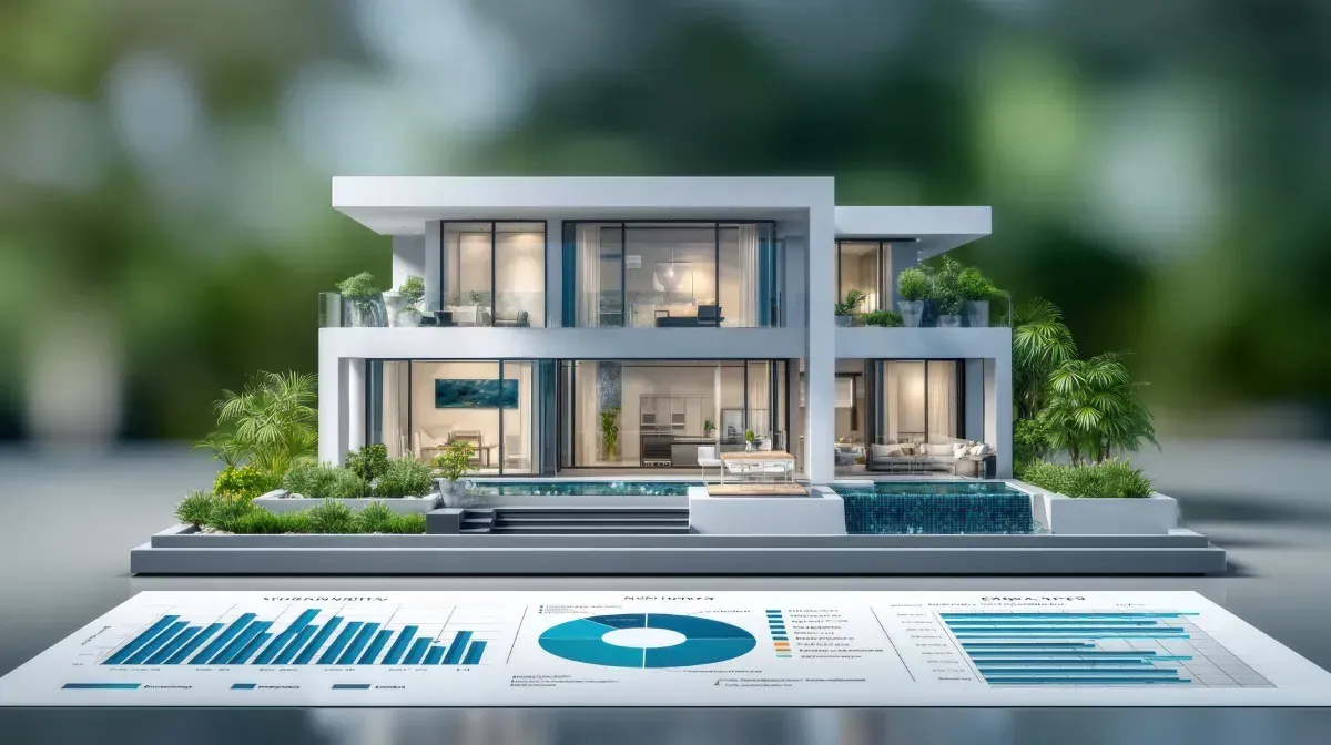 Modelo de casa moderna con gráficos financieros en primer plano, que muestran datos inmobiliarios.