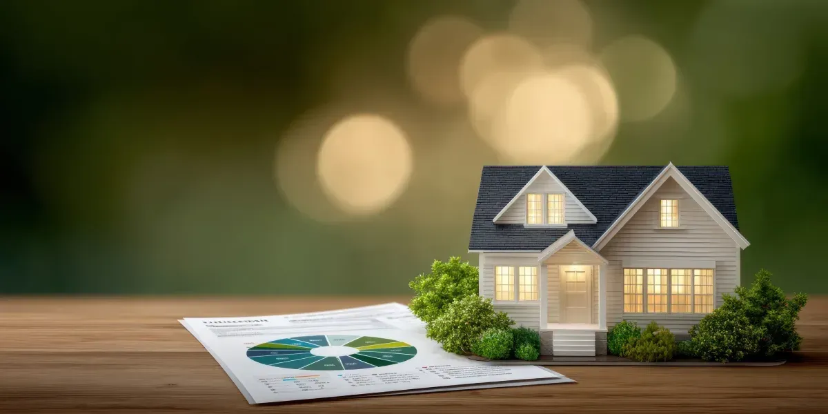 Casa en miniatura con ventanas iluminadas y un informe financiero sobre una superficie de madera contra un fondo bokeh.