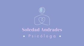 Un logotipo de color lila claro con el dibujo lineal blanco de una persona, que dice "Soledad Andrades".