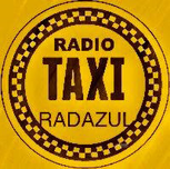 Logotipo amarillo de Radio Taxi Radazul con texto negro y borde a cuadros.