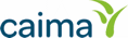 Logotipo com o texto "caima" e um símbolo estilizado em forma de folha na cor verde.