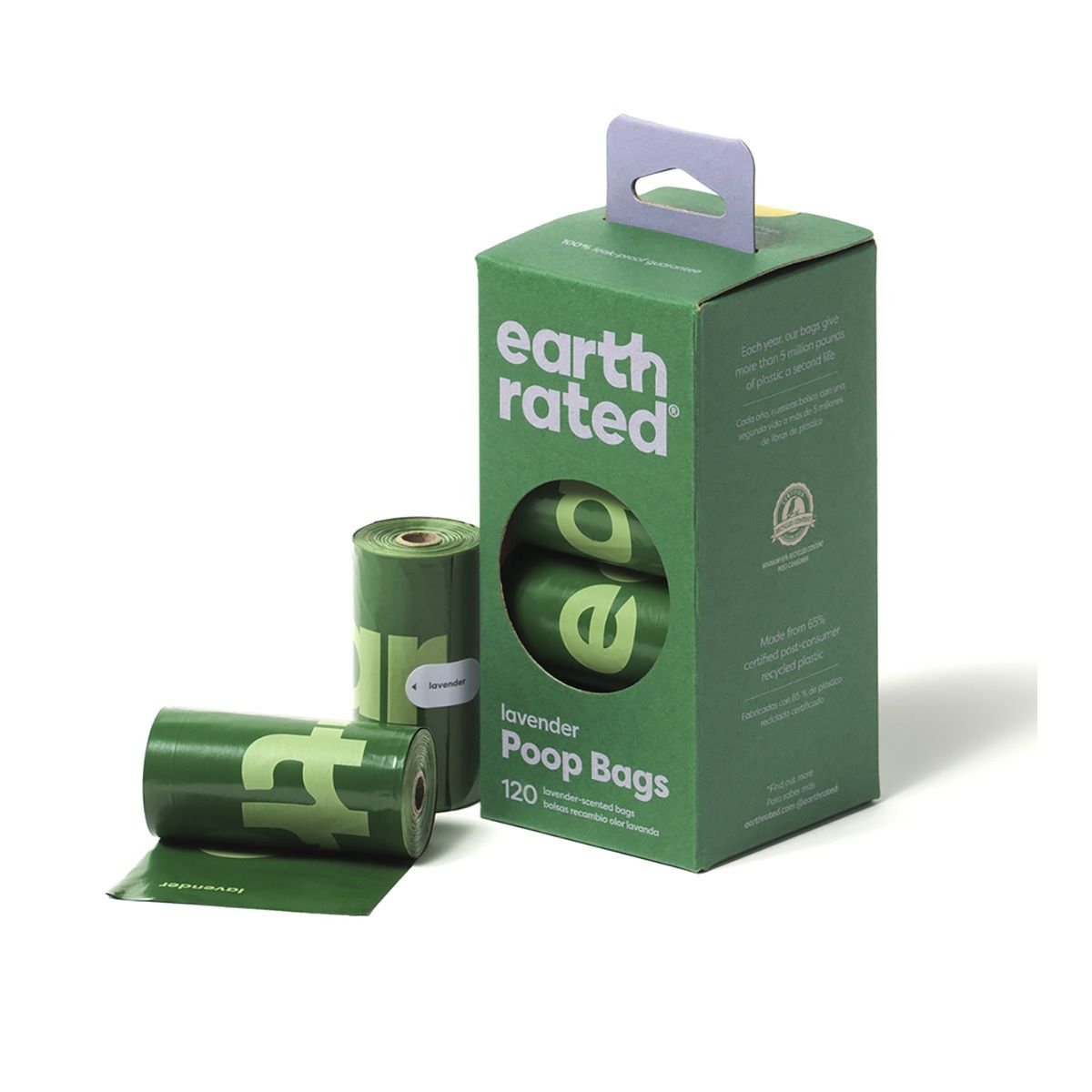 Caja para bolsas de excrementos con certificación Green Earth, con rollos de bolsas sobre un fondo blanco.