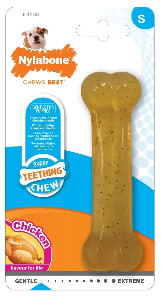 Juguete masticable NylaBone para la dentición de perros, sabor a pollo, con forma de hueso amarillo