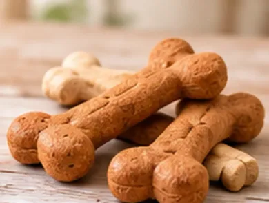 Tres juguetes masticables con forma de hueso para perros en color tostado y marrón sobre una superficie de madera.