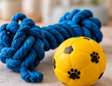 Un juguete de cuerda azul y una pelota amarilla con forma de huella de pata sobre una superficie clara.