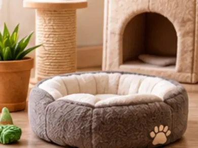 Cama gris para mascotas junto a un rascador color canela para gatos, una planta en maceta y una casita para mascotas