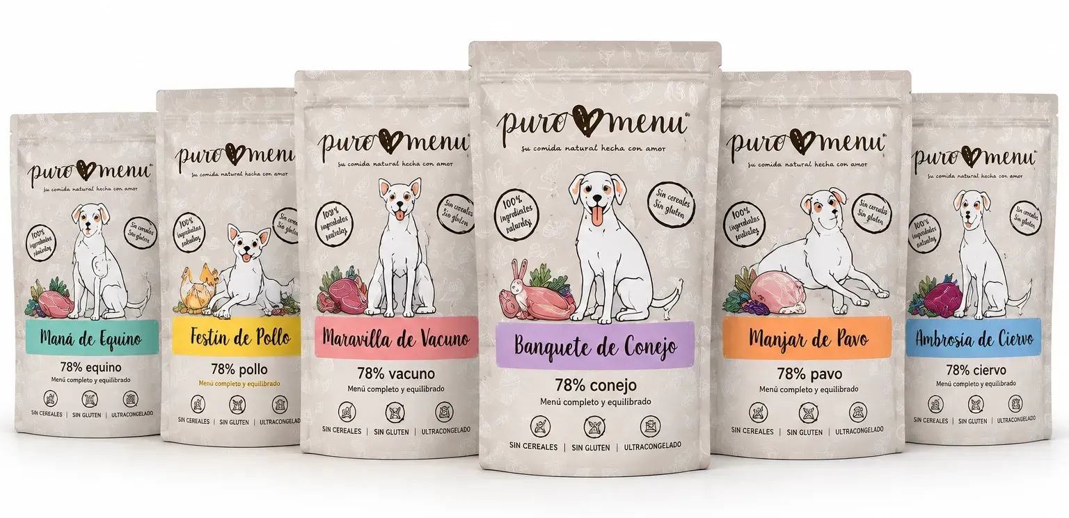 Bolsa de comida para perros con una ilustración de un dálmata, coronada con una zanahoria, una manzana