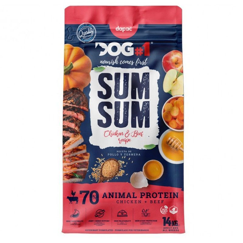Bolsa de comida para mascotas Doggo Sum Sum, elaborada con proteína animal de pollo y ternera, en envases azules