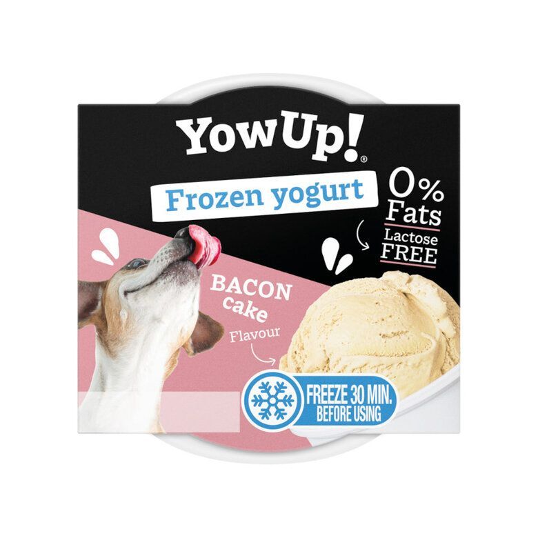 Yogur helado YowUp! para perros, sabor a pastel de tocino, 0% grasa, sin lactosa, envase rosa y negro.