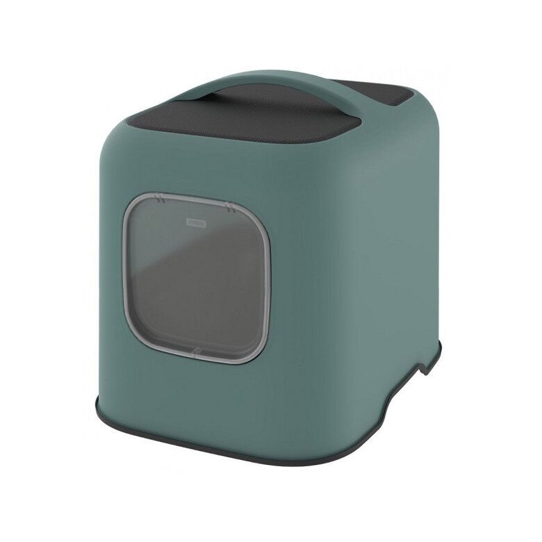 Transportín para mascotas verde de tela con asa superior oscura y pequeña ventana frontal.