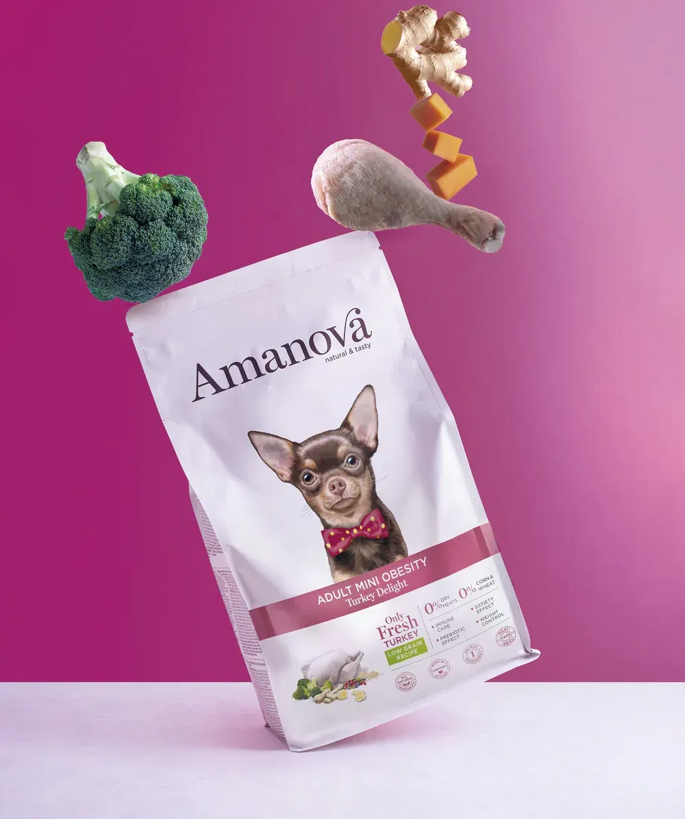 Bolsa de comida para mascotas Amnova sobre fondo rosa con gráficos de brócoli y muslo de pollo flotando.