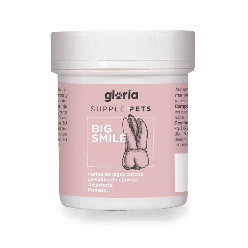 Frasco rosa de suplemento para mascotas con la etiqueta “gloria SUPLE PETS BIG SMILE” y tapa blanca.