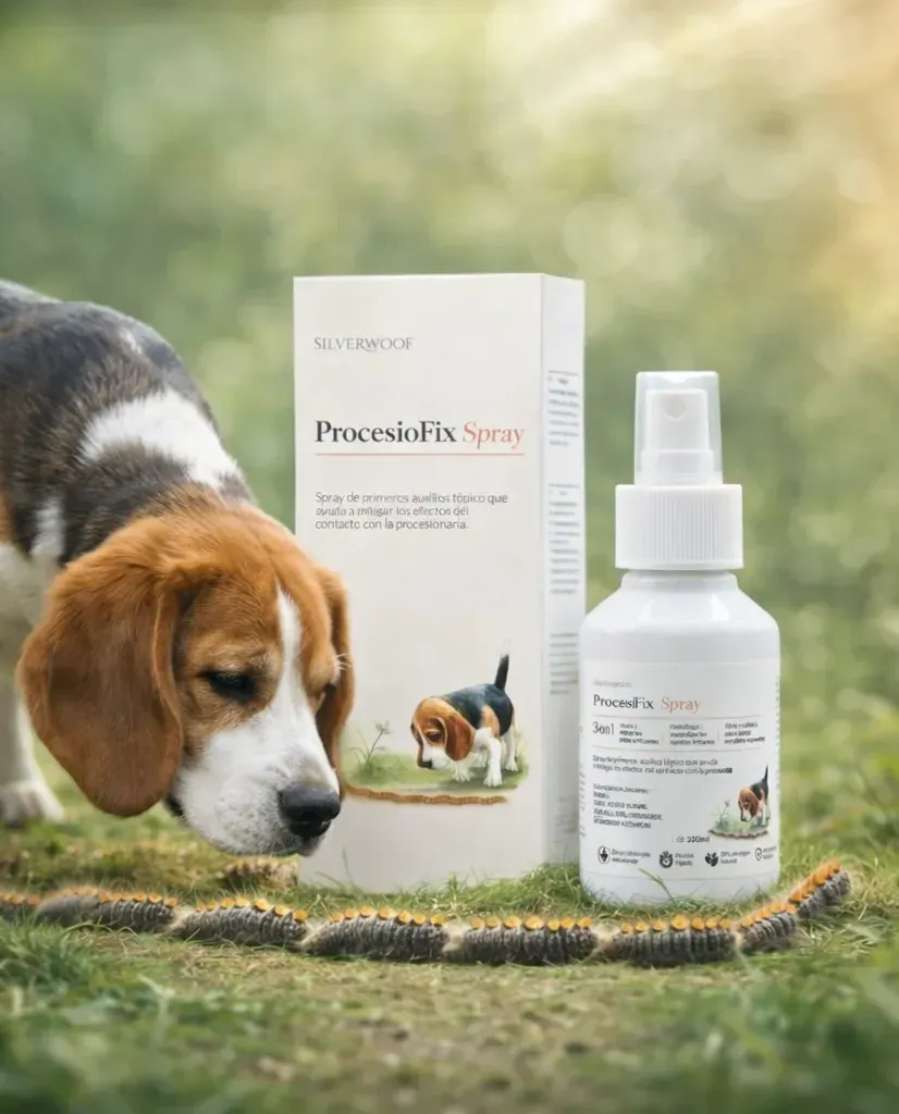 Un beagle olfatea una botella y una caja de spray Procsenik sobre la hierba, con un fondo exterior borroso.