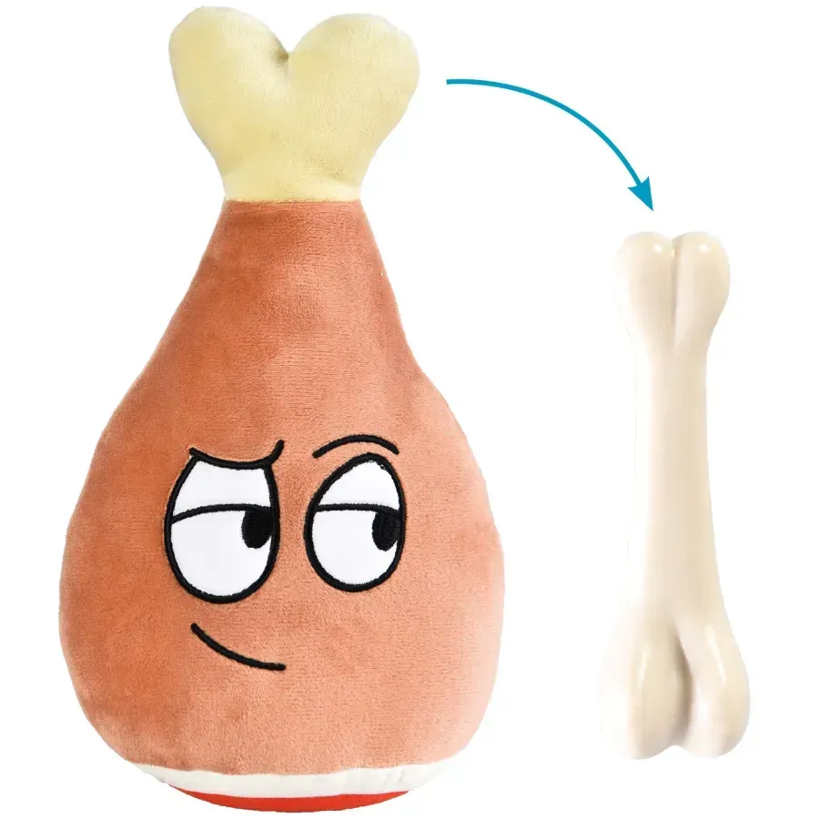 Peluche de muslo de pollo de dibujos animados con ojos, flecha a un juguete blanco con forma de hueso