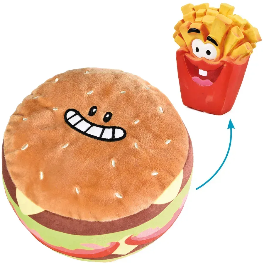 Una hamburguesa de juguete sonriente junto a unas patatas fritas de juguete rojas, con una flecha