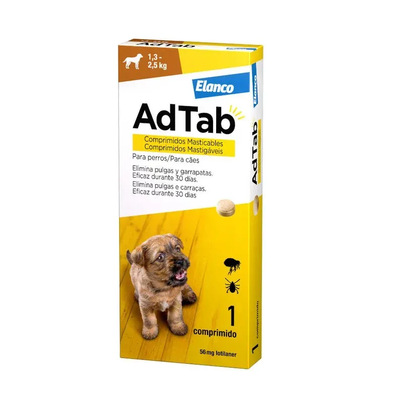 Caja de comprimidos masticables para perros Elanco AdTab, envase blanco y amarillo con imagen de un cachorro.