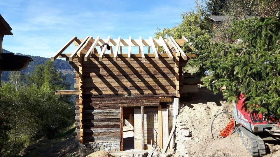 Cabane en rondins en construction, charpente apparente, ensoleillée à l'extérieur.