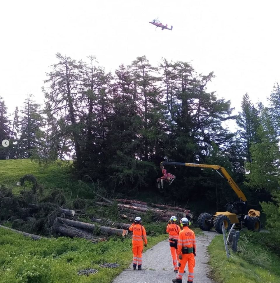 Des ouvriers forestiers en uniforme orange inspectent un site d'exploitation forestière ; un hélicoptère survole la zone.