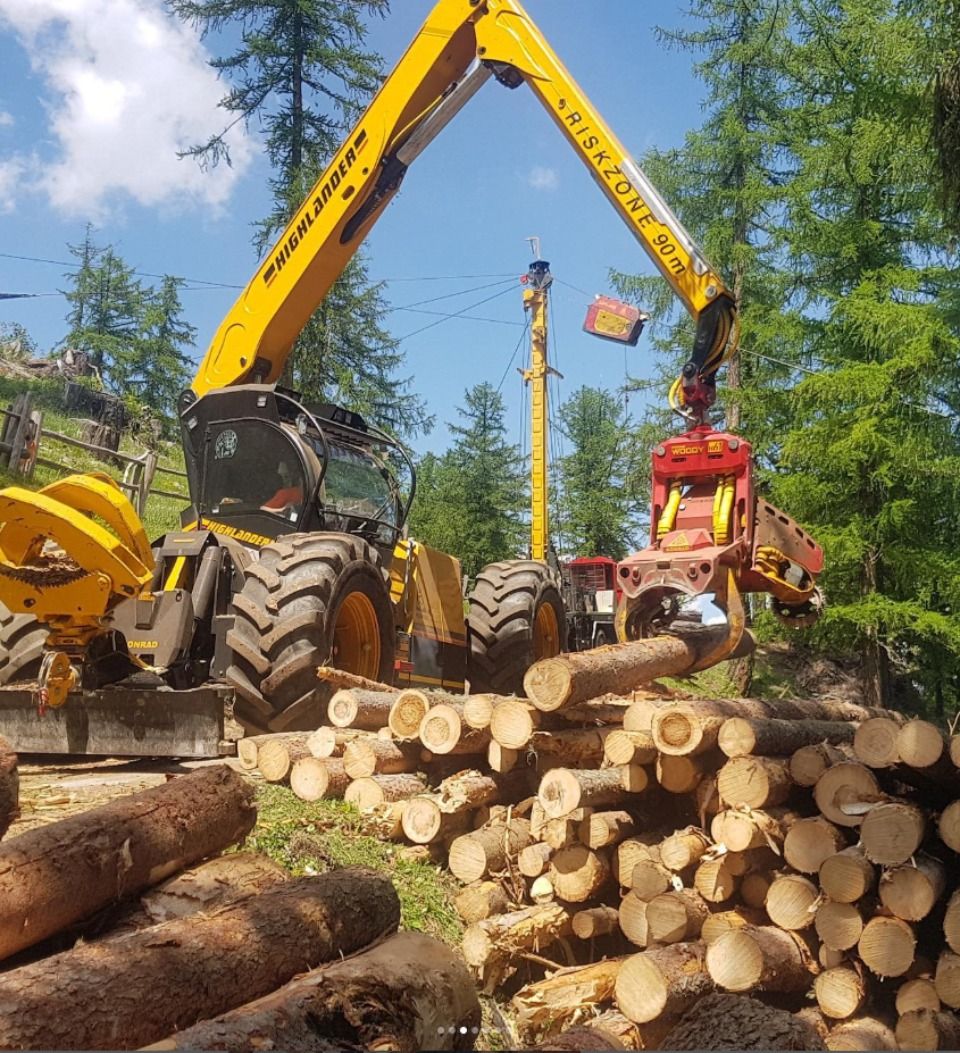 Machine forestière empilant des grumes dans une forêt. Un bras jaune soulève une grume coupée ; une pile de grumes est visible au premier plan.