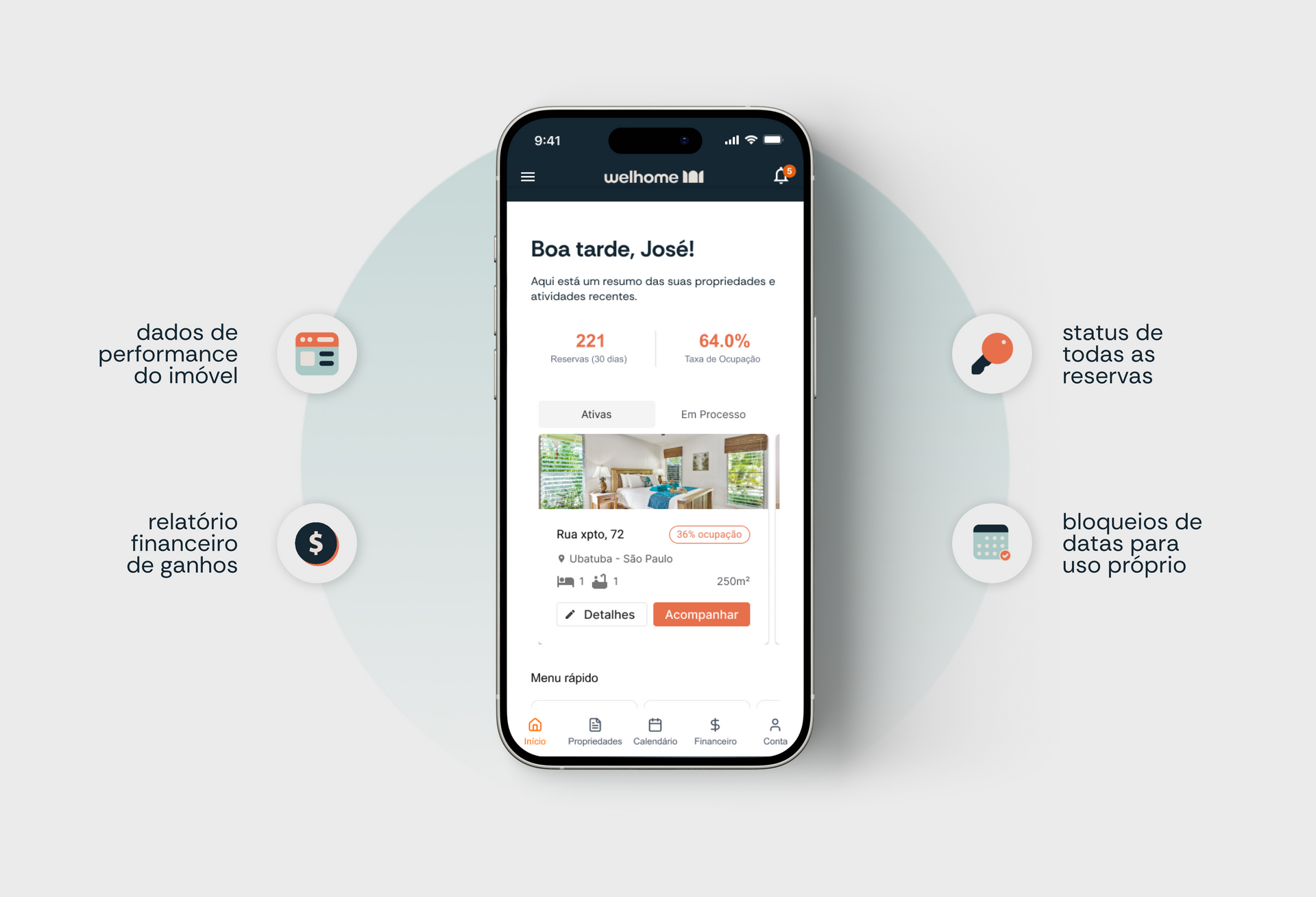 Interface do aplicativo para smartphone exibindo métricas do painel de controle, anúncios de imóveis e resumos financeiros para aluguéis de temporada.