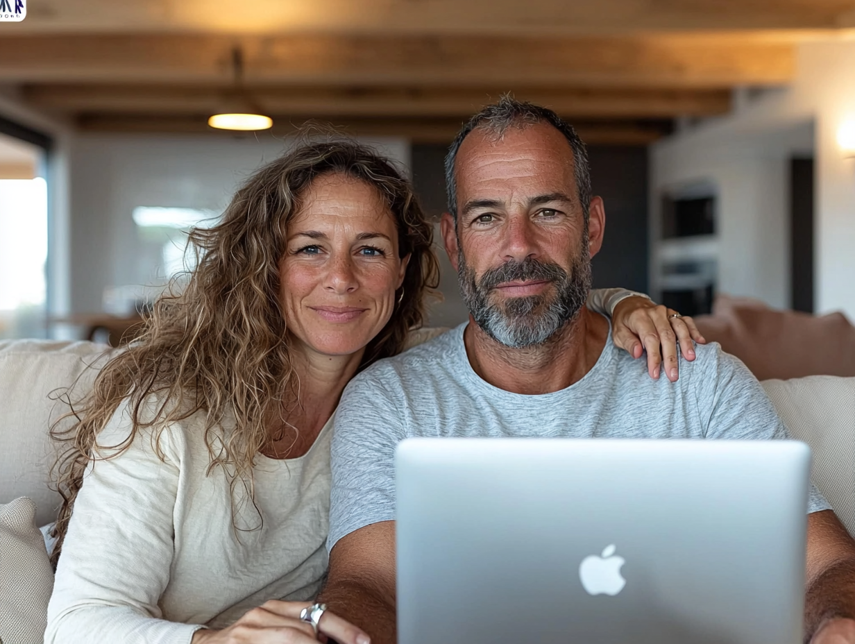 Um homem e uma mulher estão sentados em um sofá olhando para um laptop.