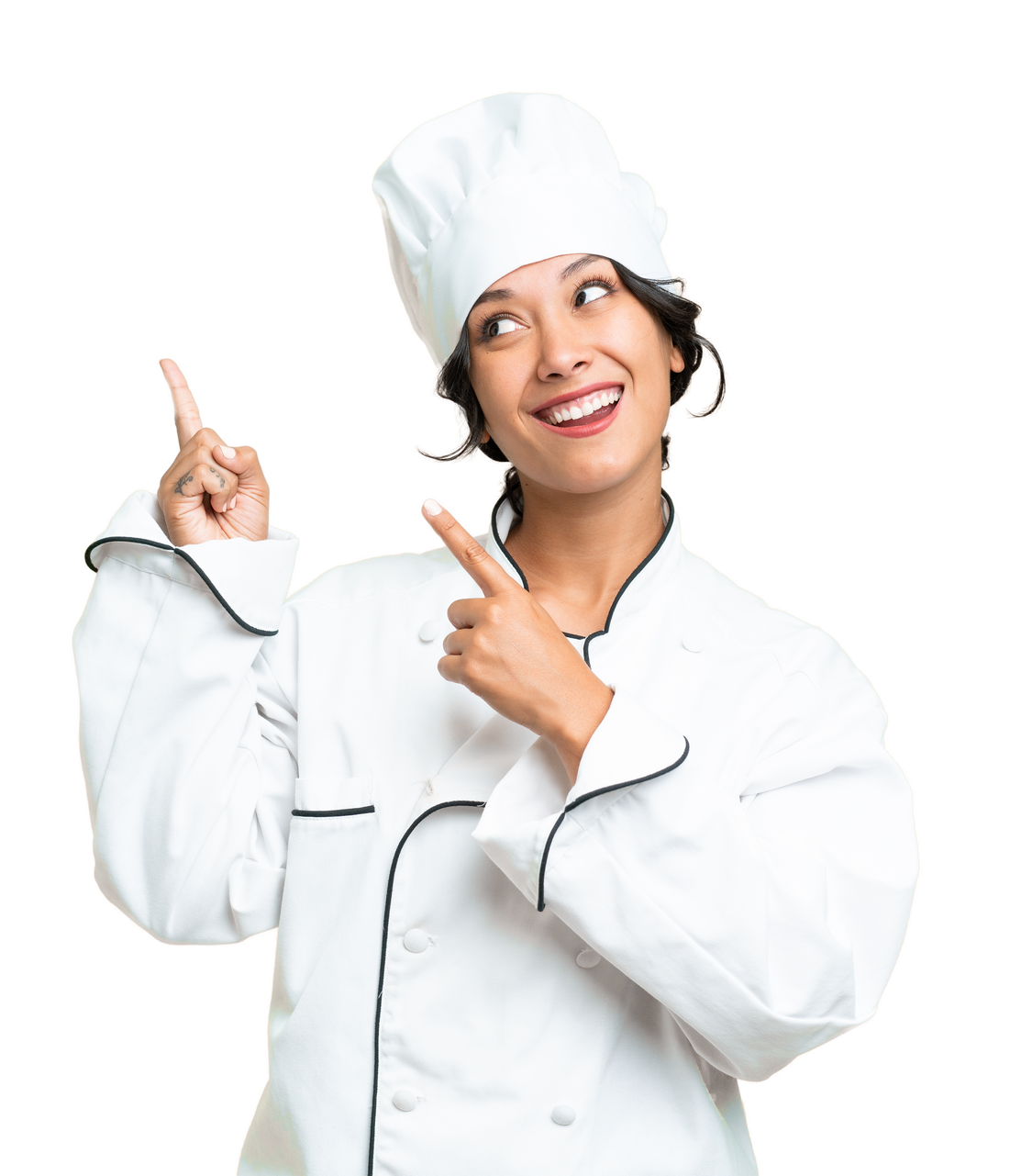 Chef en uniforme blanc, toque pointant vers le haut et souriant.