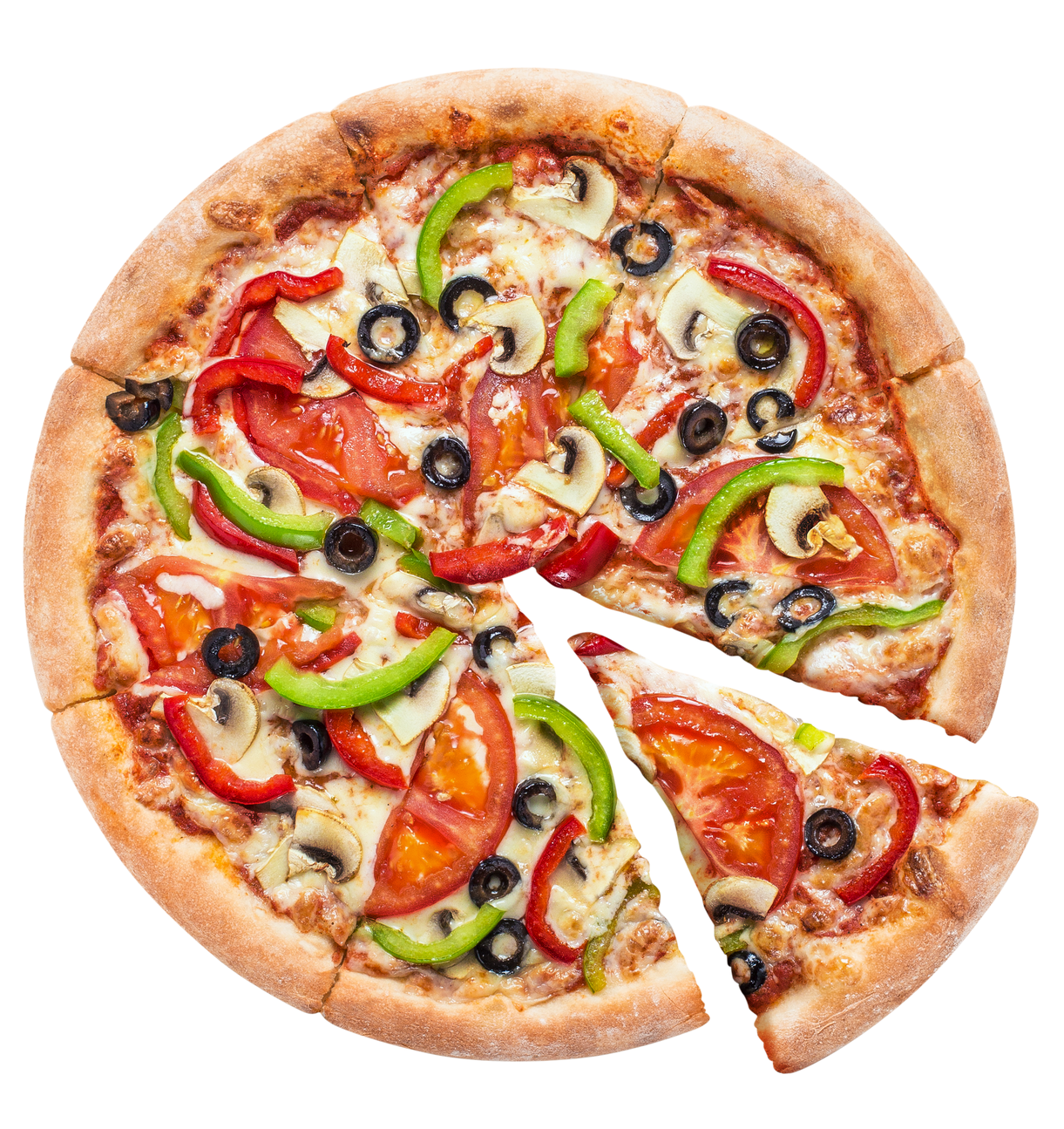 Pizza avec une part découpée, garnie de poivrons rouges et verts, de champignons et d'olives noires.