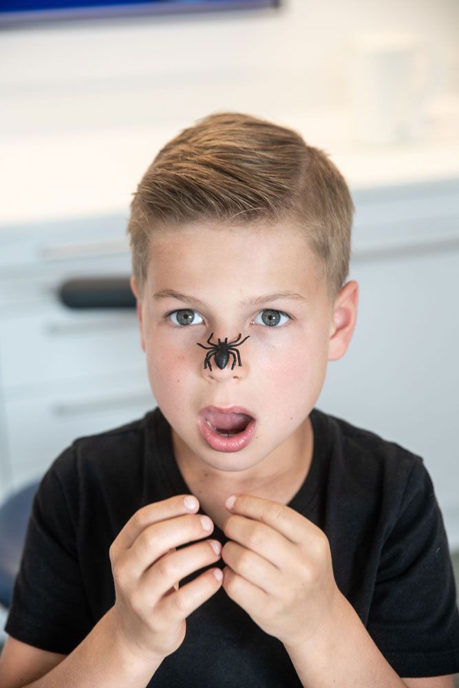 kleiner Junge mit Kunstspinne auf der Nase
