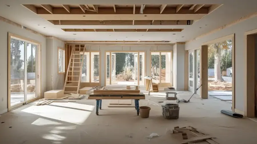 Interior de una habitación en construcción con estructura de madera, grandes ventanales y escalera.