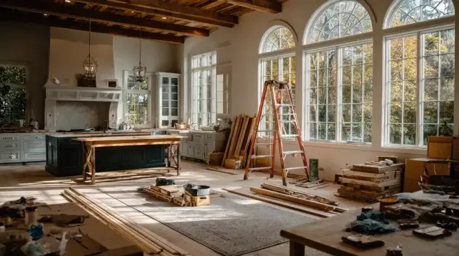 Reforma de cocina en proceso: escalera de madera, isla, armarios, grandes ventanales, materiales de construcción esparcidos.