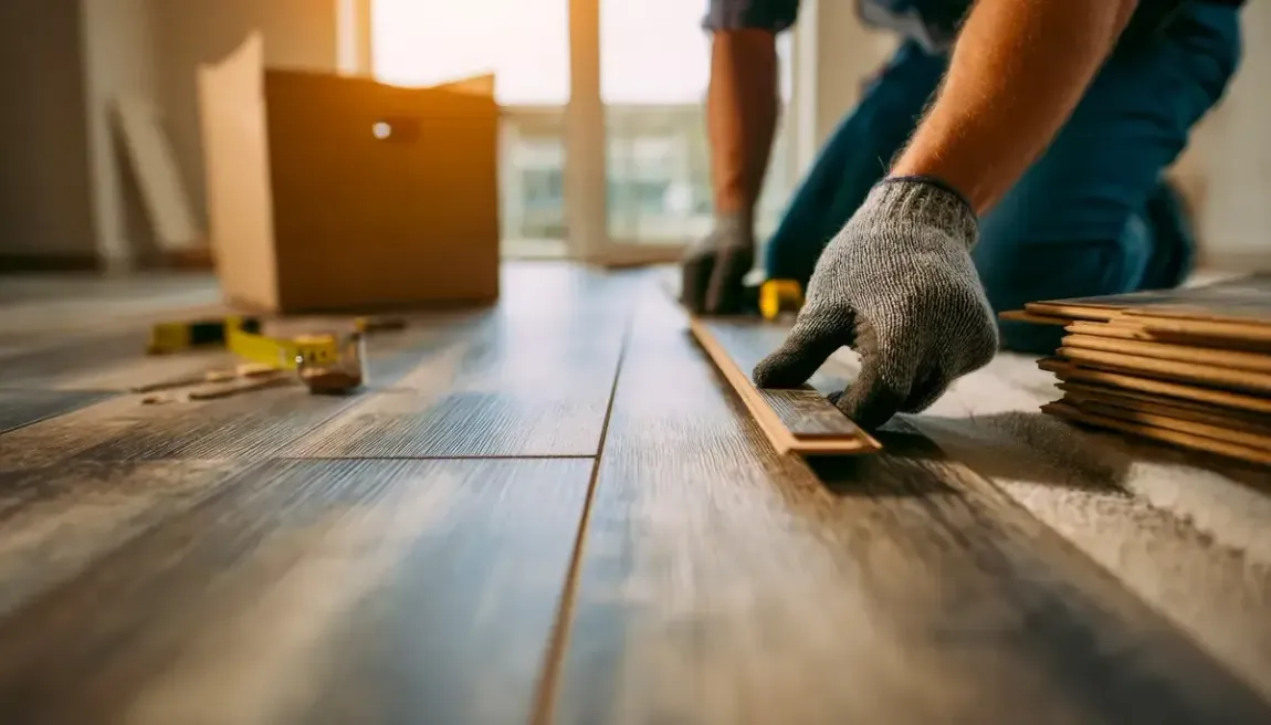 Persona instalando suelo de madera, de rodillas, midiendo con una regla. Guantes y herramientas visibles.