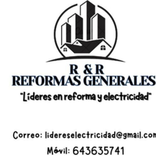 Logotipo de R & R Reformas Generales, empresa constructora. Incluye edificios e informaci&oacute;n de contacto.