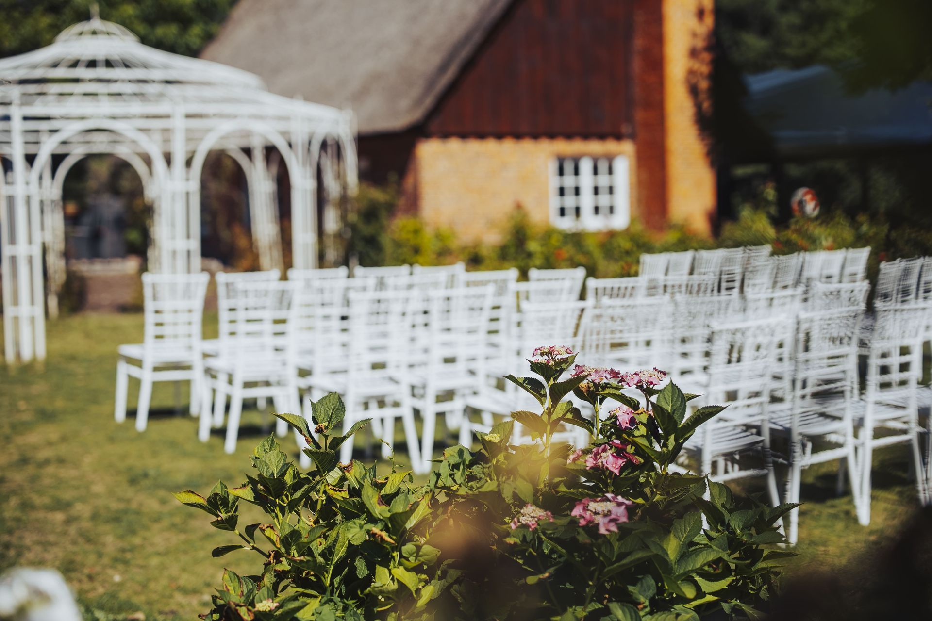 Weiße Stühle, die für eine Veranstaltung im Freien auf einer Rasenfläche aufgestellt sind; im Hintergrund sind ein Pavillon und ein Gebäude zu sehen.