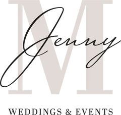 Logo für Jenny Weddings & Events: „Jenny“ in eleganter Schrift über einem großen hellgrauen „M“, darunter „WEDDINGS & EVENTS“.