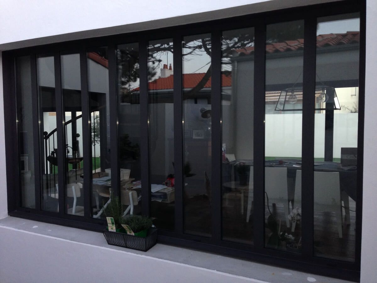 Façade vitrée à cadre noir avec reflets et plantes en pot à l'extérieur