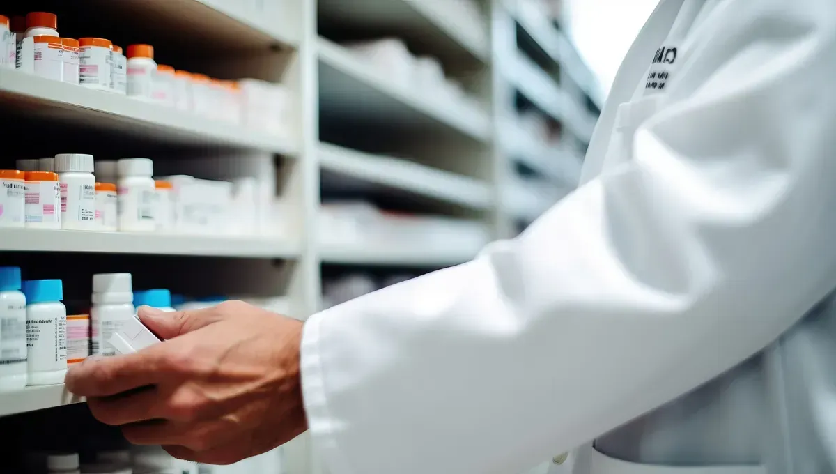 Un farmacéutico con bata blanca toma un medicamento del estante de la farmacia.