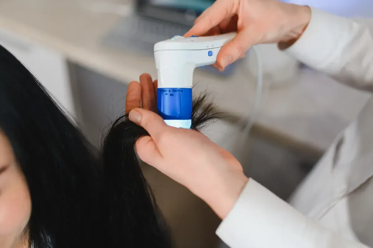 Persona que utiliza un peine para piojos en el cabello oscuro de otra persona en un entorno interior bien iluminado.