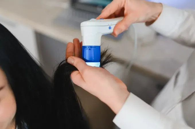 Persona que utiliza un peine para piojos en el cabello oscuro de otra persona en un entorno interior bien iluminado.
