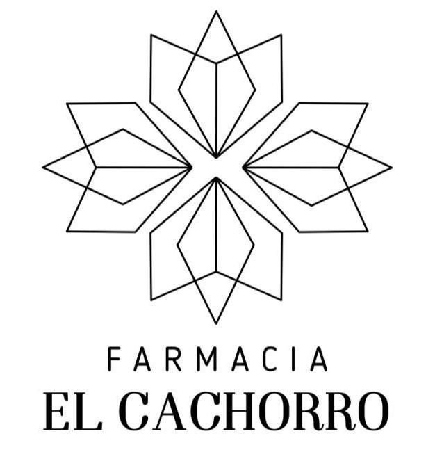 Logotipo para "Farmacia El Cachorro": Diseño geométrico de flores sobre texto.