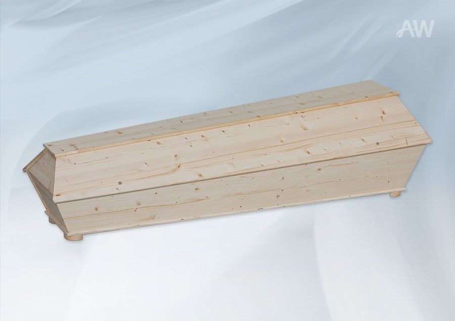 Ein hellfarbiger Holzsarg, leicht schräg gestellt, vor einem Farbverlaufshintergrund.