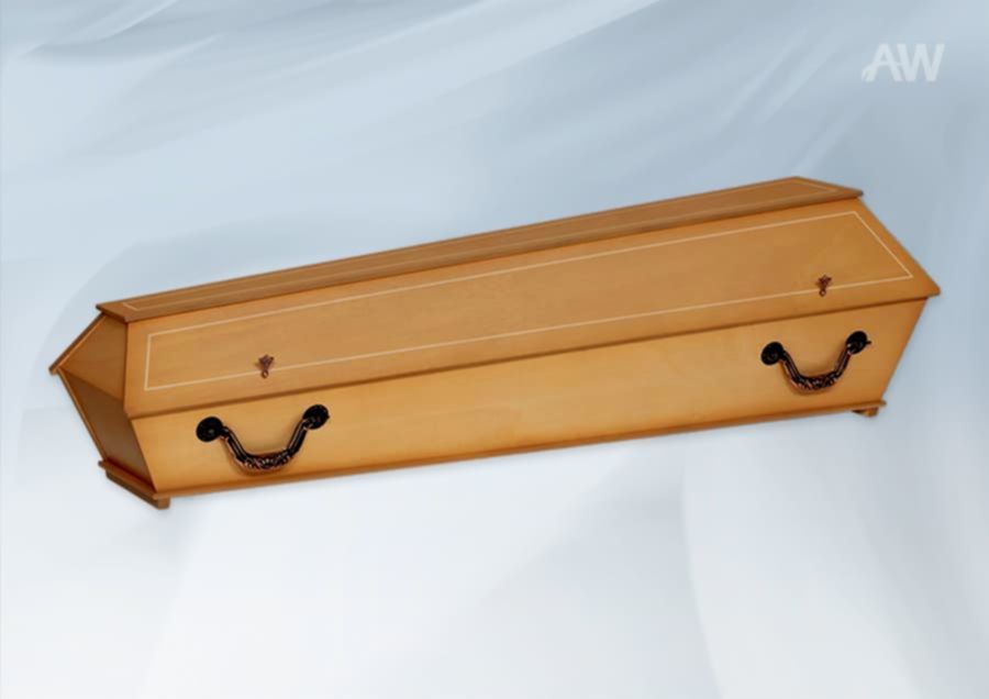 Holzsarg mit dunklen Griffen und Zierleisten.