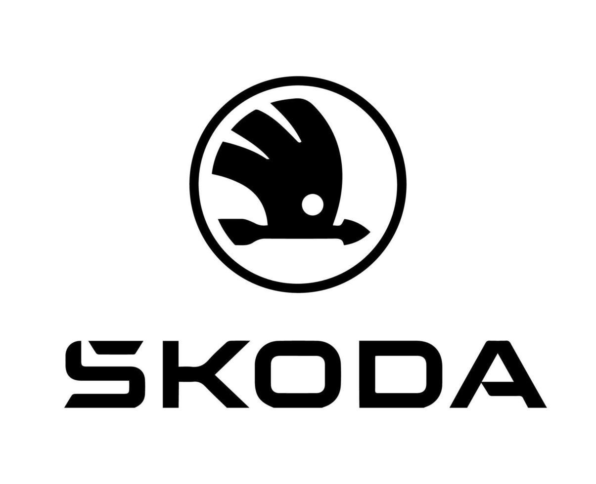Logotipo del automóvil Škoda: emblema negro de una flecha alada dentro de un círculo encima de la palabra