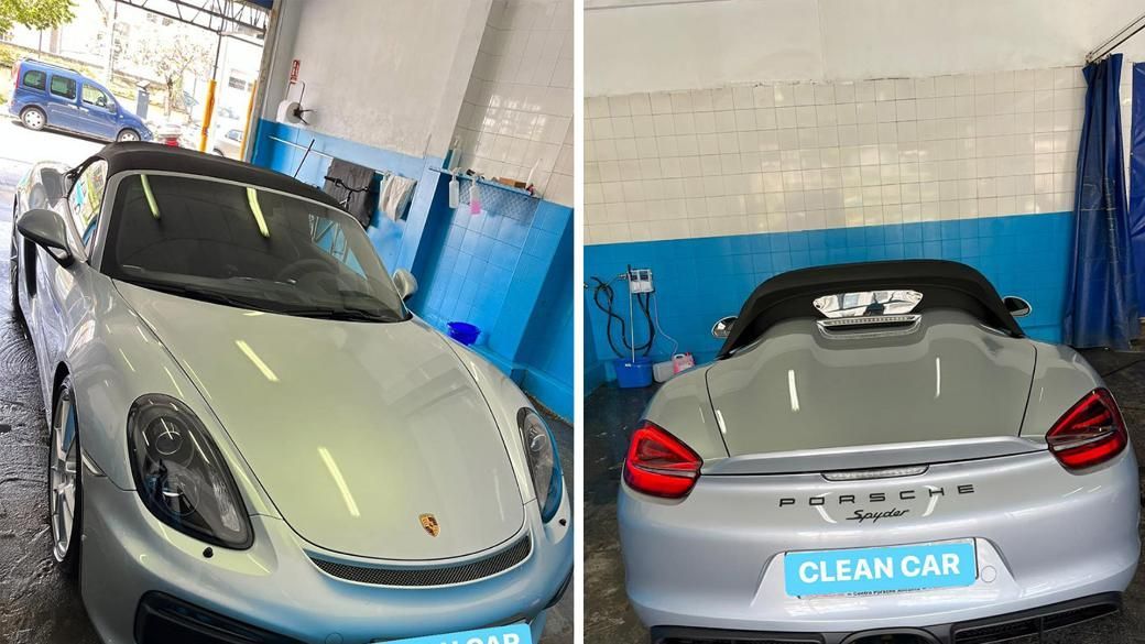 Porsche Boxster plateado en un lavadero de coches, vistas frontal y trasera.