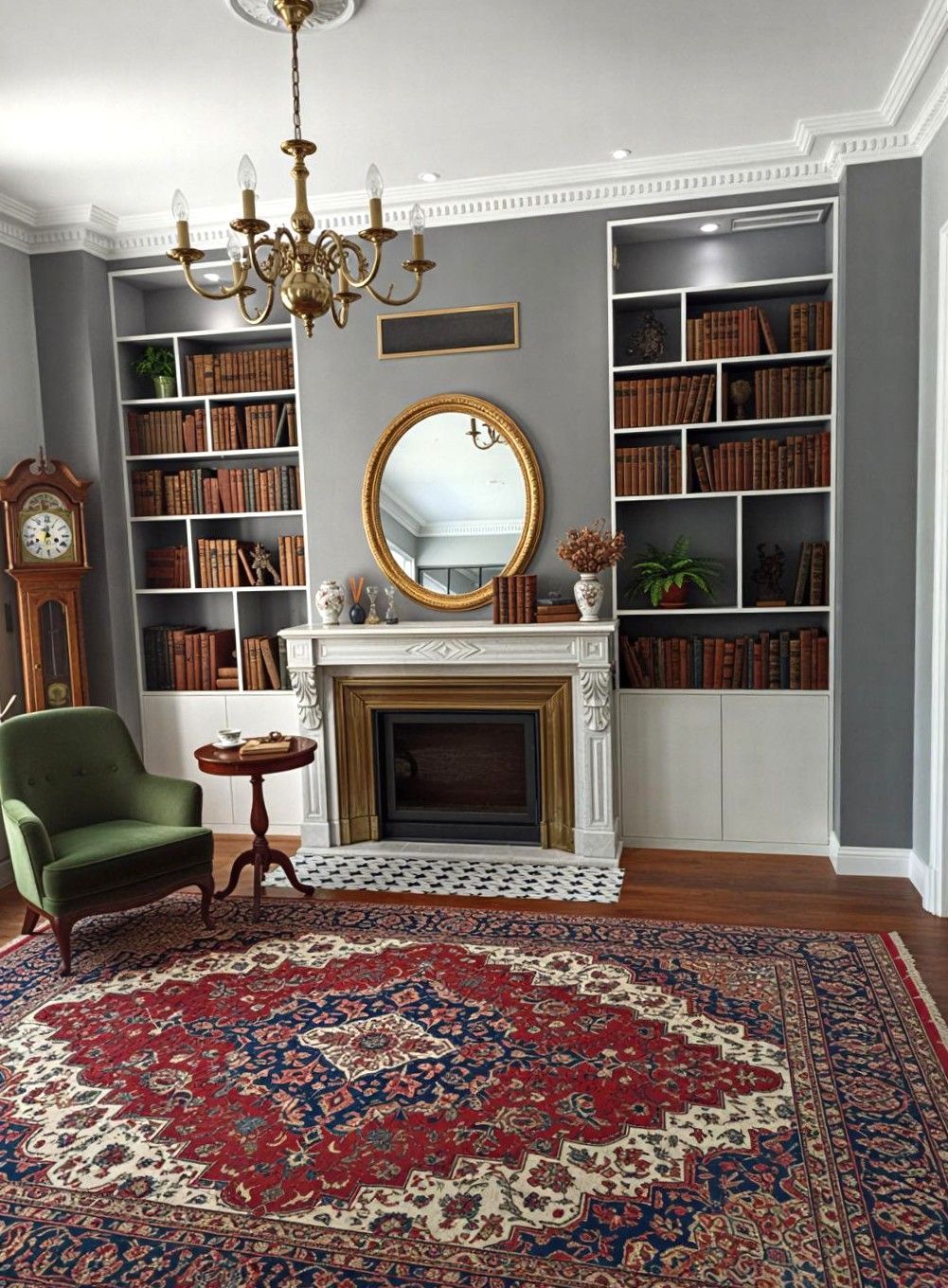 Salle à manger avec bibliotheque grise et cheminée grand tapis