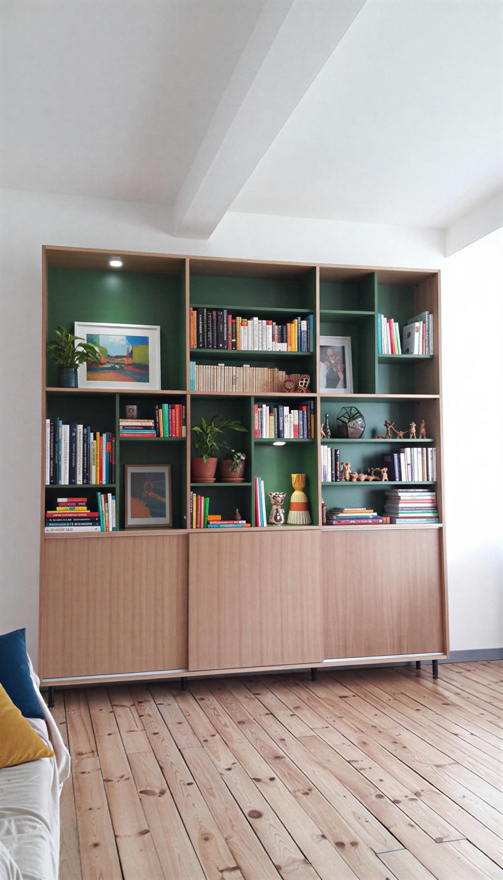 bibliotheque de salon verte et bois inspiration années 50