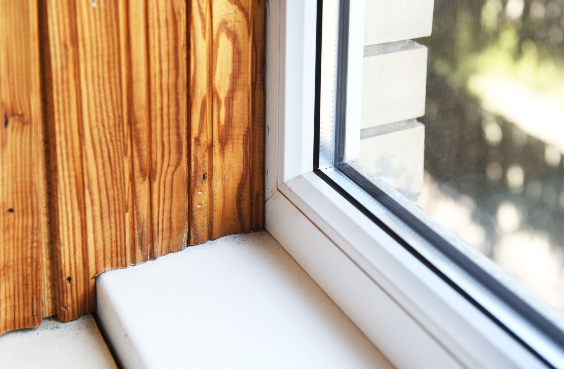 Mur en bois et rebord de fenêtre blanc à côté d'une fenêtre avec vue.