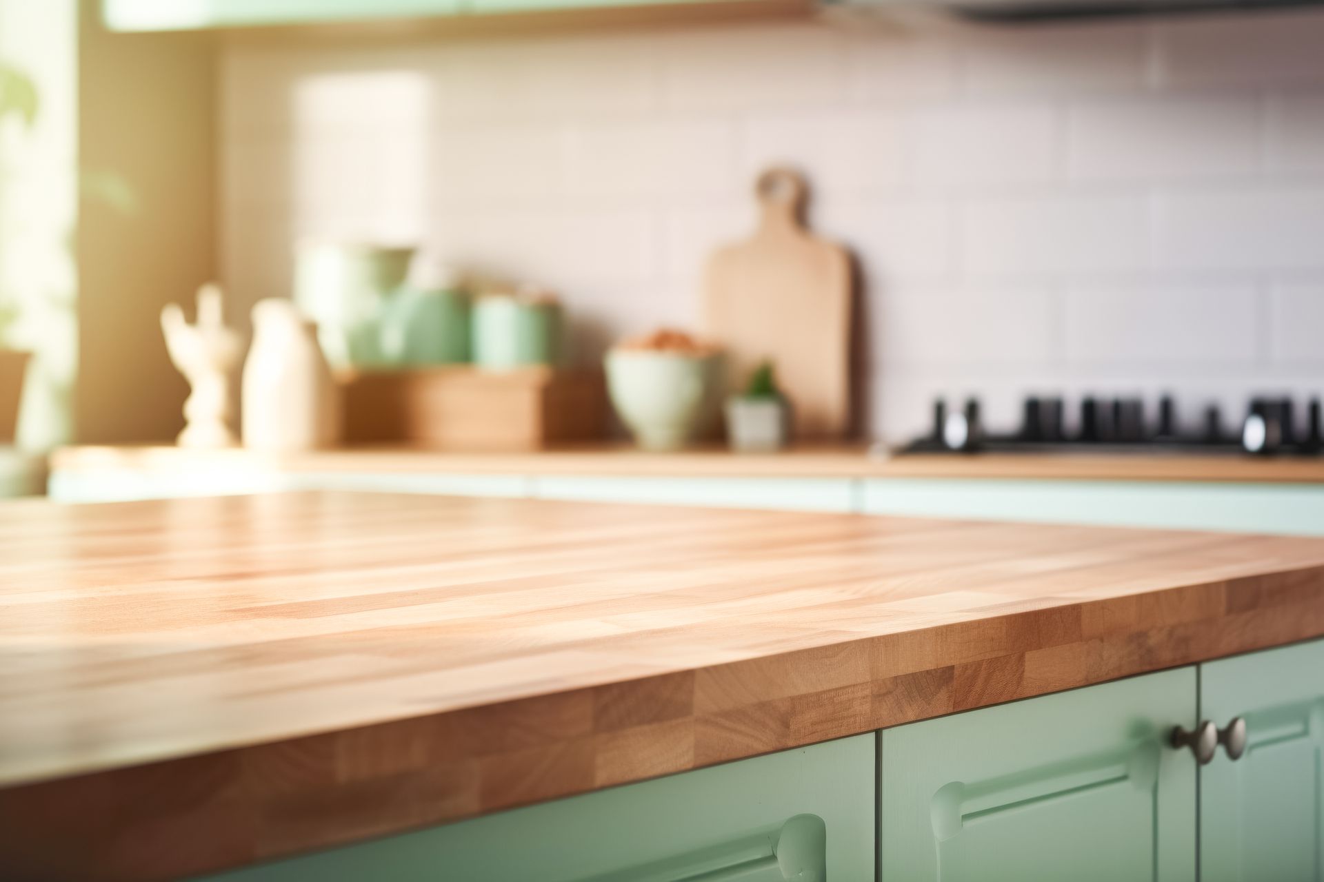 Comptoir de cuisine en bois avec armoires vert menthe, la lumière du soleil traversant une fenêtre.
