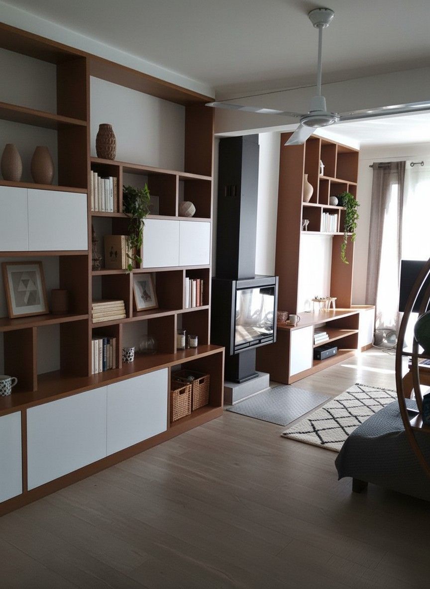 etageres dans salon autour cheminée