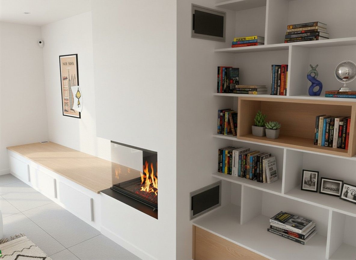 Etagères autour cheminée dans salon couleur blanc et bois