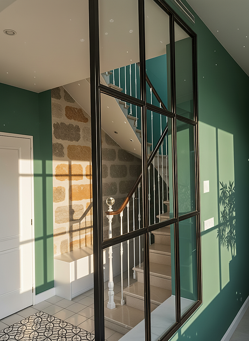 verrière style industrielle entre salon et entrée